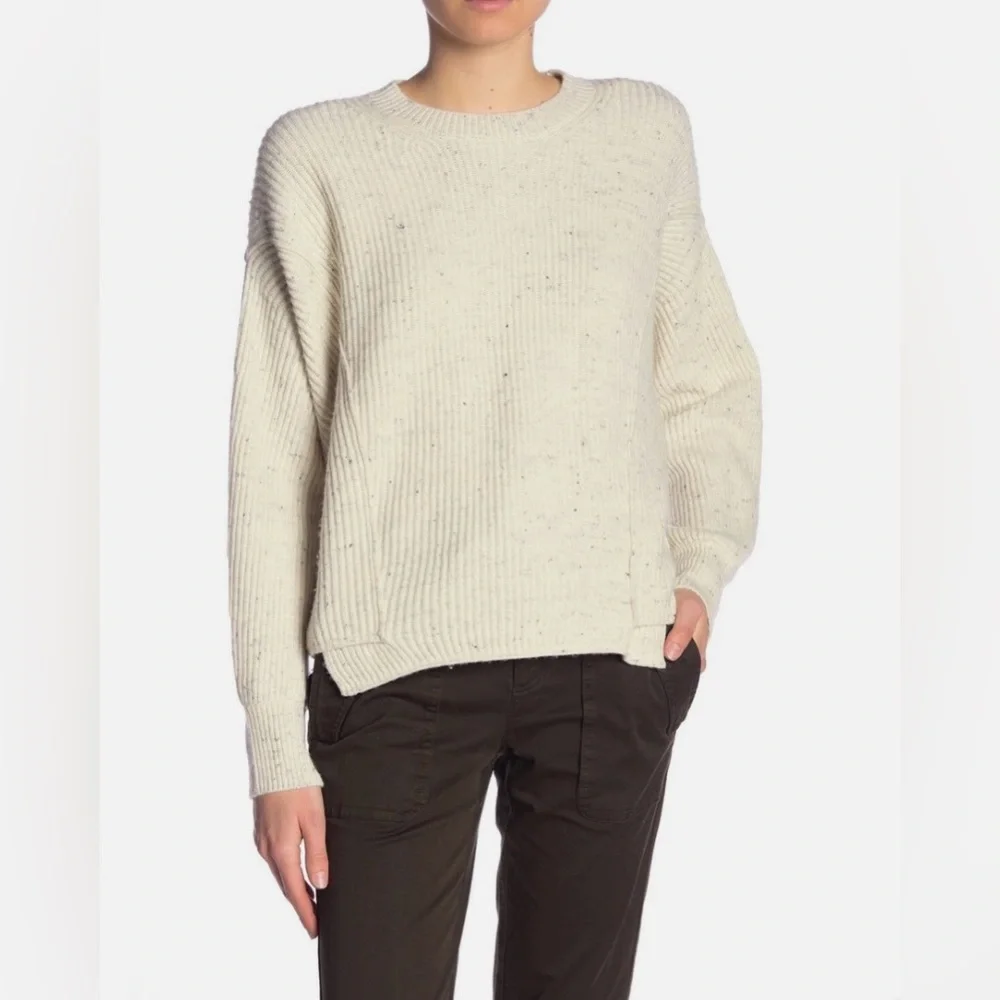 Vince Flecked Wool Cashmere Blend Ribbed Panel Hem Sweater Cream Women's XS HTF